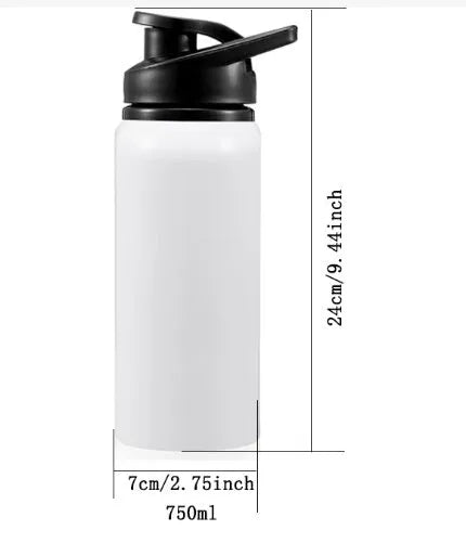 White aluminium sports water bottle shown with 600ml and 750ml capacity options
