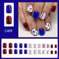 Short glossy red and blue nail stickers with strawberry and cherry pattern, pack of 24.