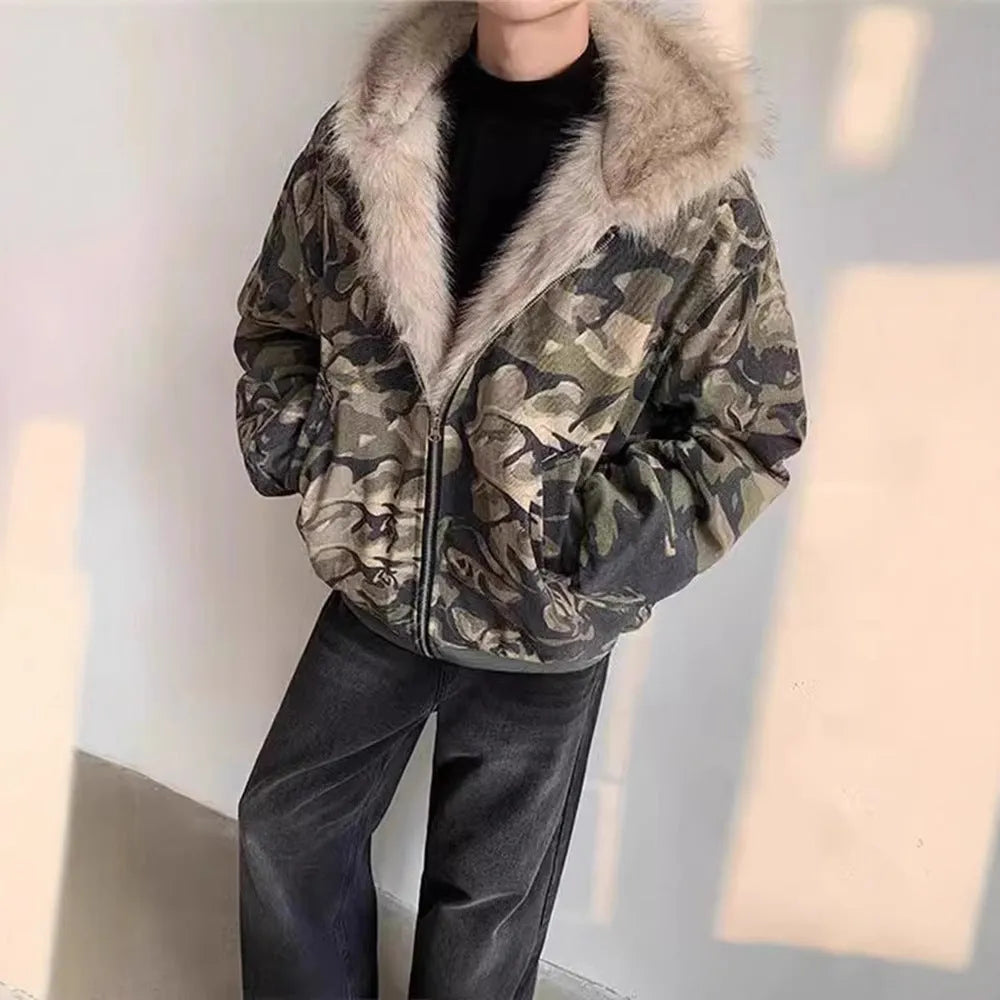 Men's retro washed camouflage fur collar hood jacket with cotton filling, loose fit, polyester outer