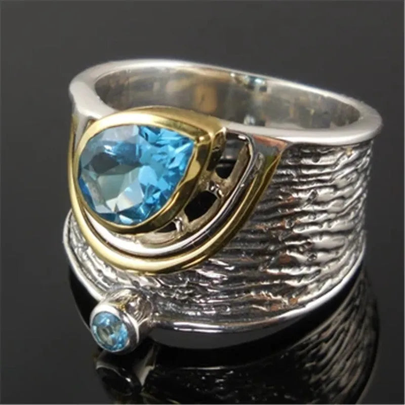 Chinese style women's blue zircon ring with drop shape design and inlaid rhinestones
