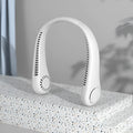 White USB rechargeable bladeless neck fan with adjustable wind speed settings