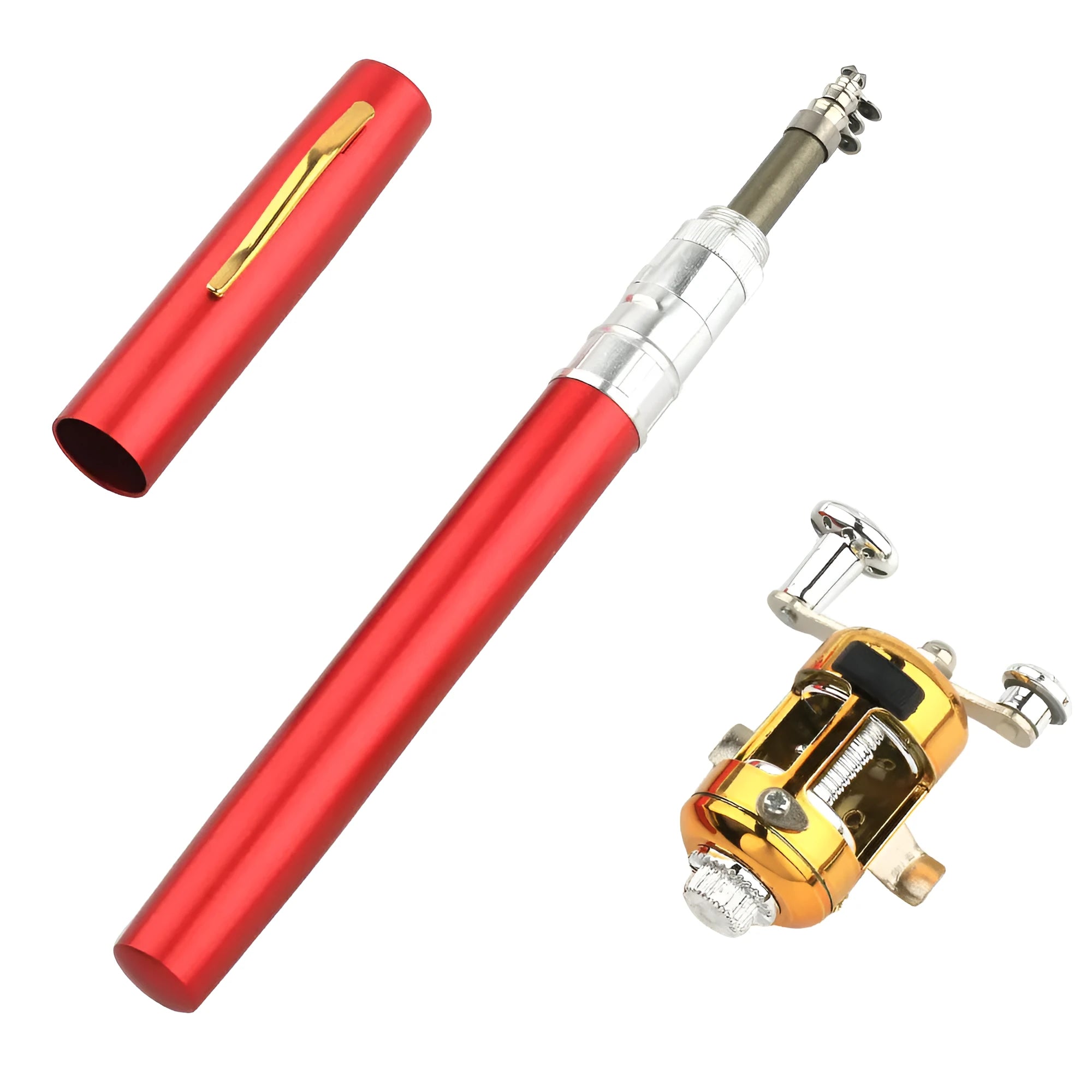 Gold telescopic pocket fishing rod collapsed in aluminium case next to extended 1m rod with ST5RL reel.