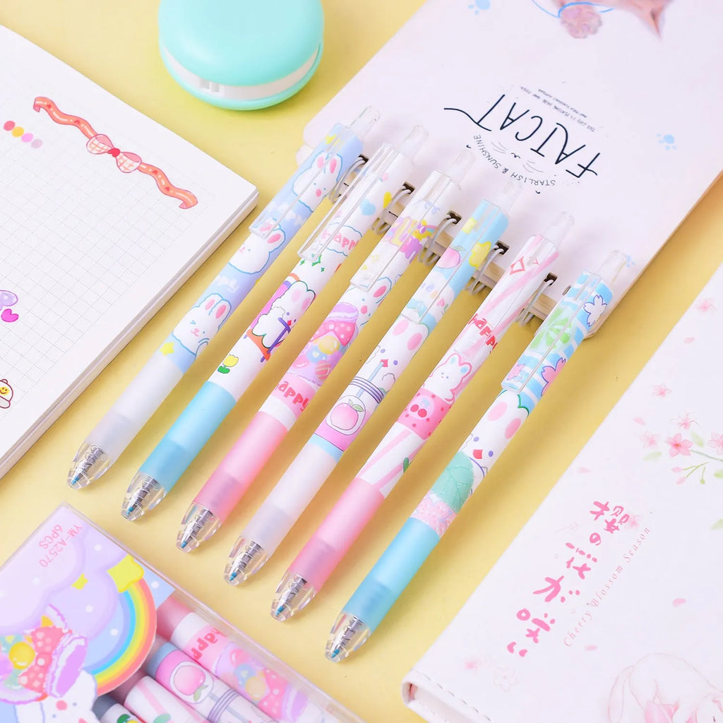 Six black plastic pens with 0.5mm tips and a cartoon bunny design.