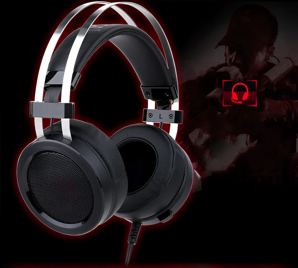 Black wired computer gaming headset with a long cable and a 3.5mm plug.