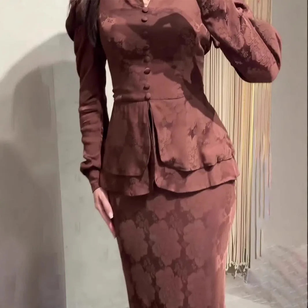 Dark brown long sleeve floral dress with button details and a fake two-piece retro design.