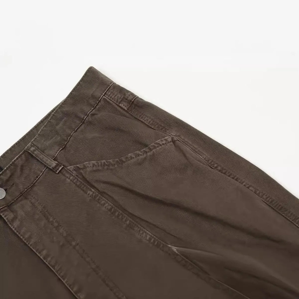Men's brown straight-leg cotton trousers with high waist and zipper fly closure