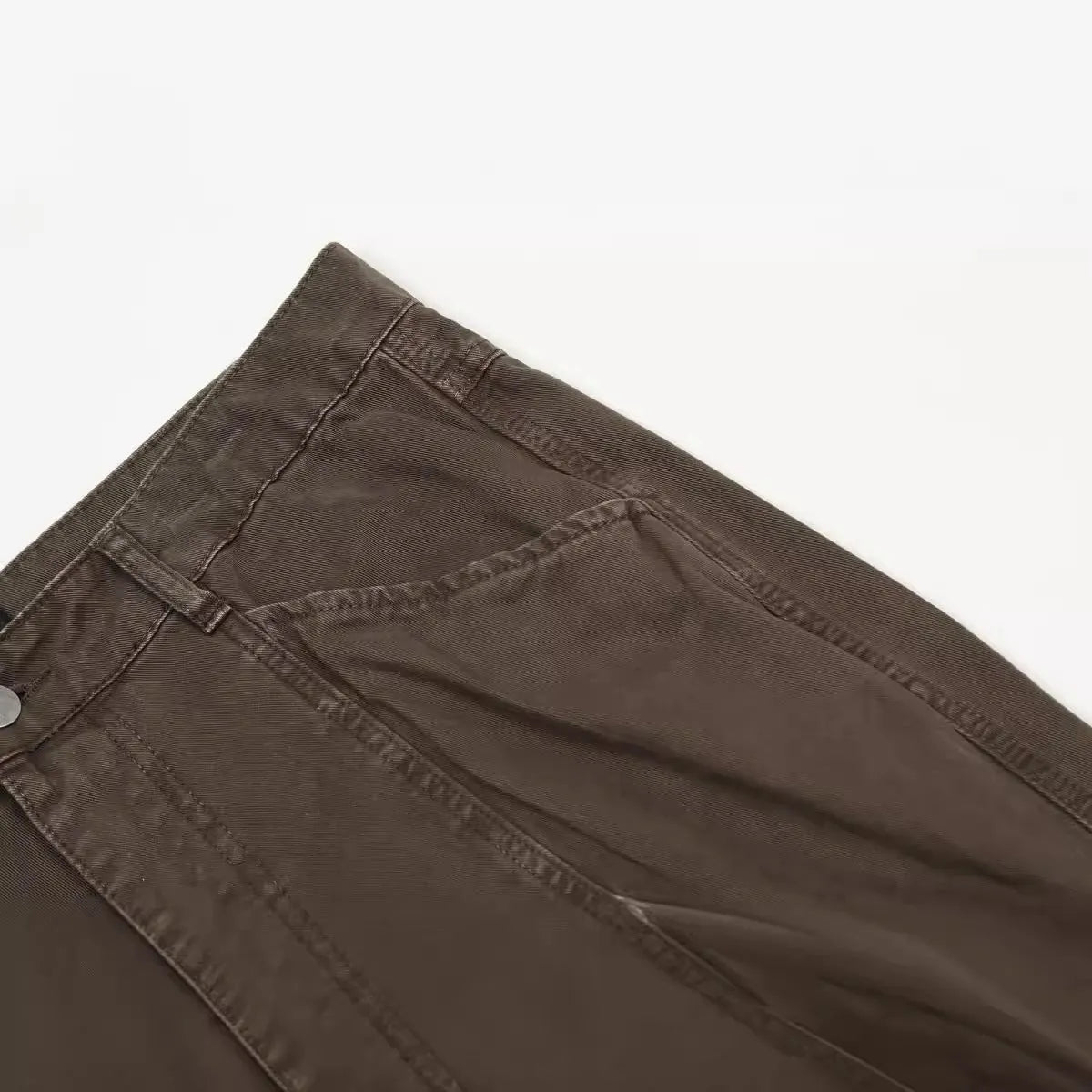 Men's brown straight-leg cotton trousers with high waist and zipper fly closure