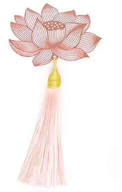 Brass metal bookmark with hollow leaf design and rose gold tassel in a presentation box.
