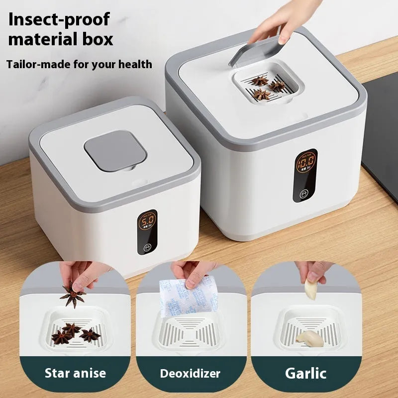 Grey plastic rice storage jar with lid and a measuring cup, for 10kg 20kg or 30kg capacity.