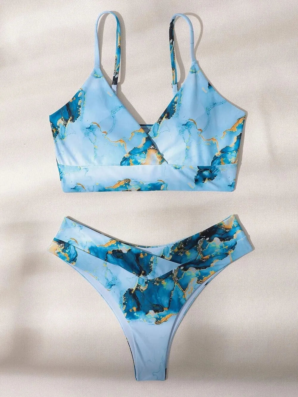 Women's marble tie-dye printed high-waist bikini with U-neck top in multiple colour variations