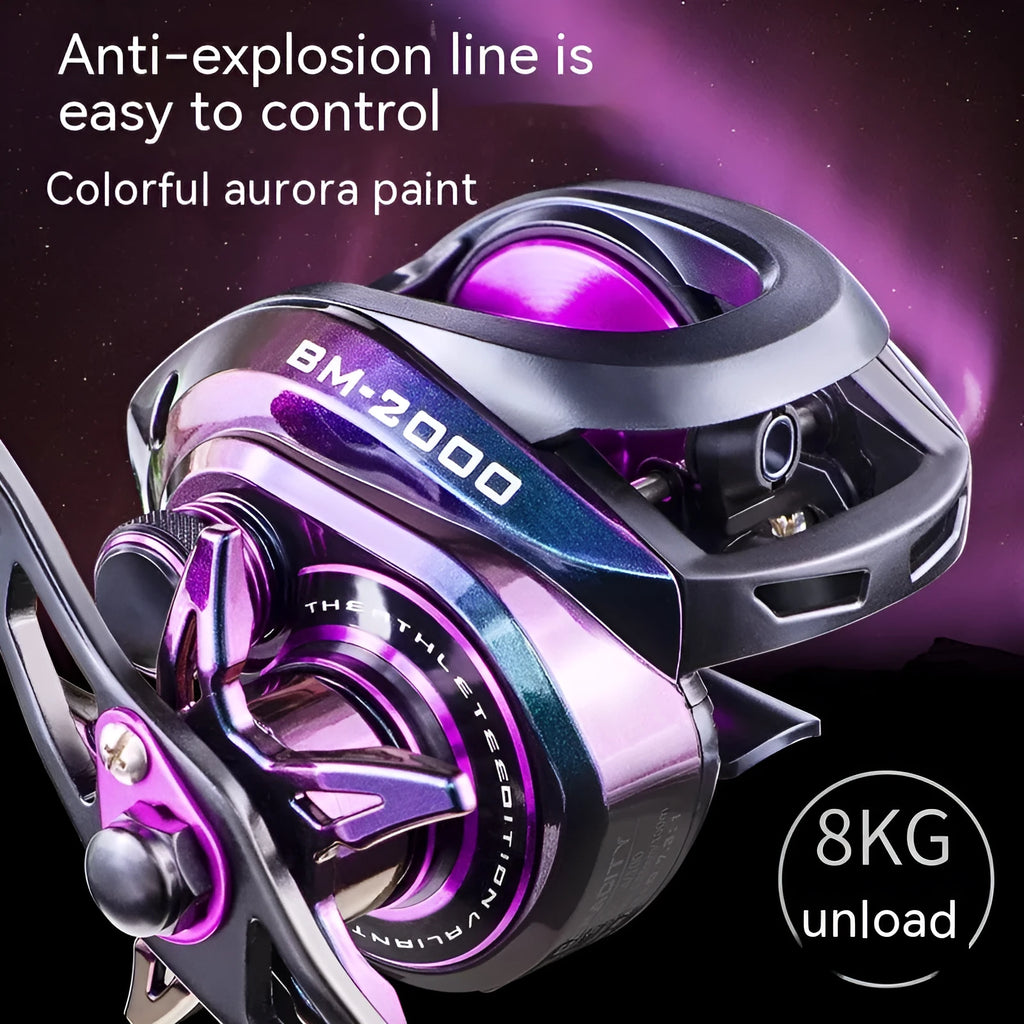 BM2000 graphite fishing reel with magnetic brake, shown in water drop design