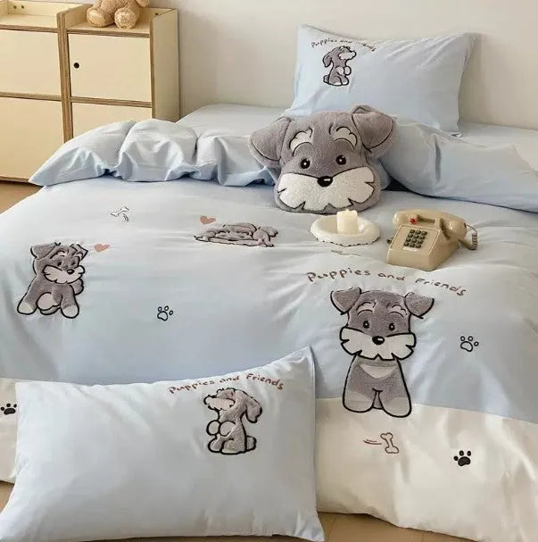Cartoon Schnauzer embroidered cotton bedding set showing quilt cover, flat sheet and pillowcases