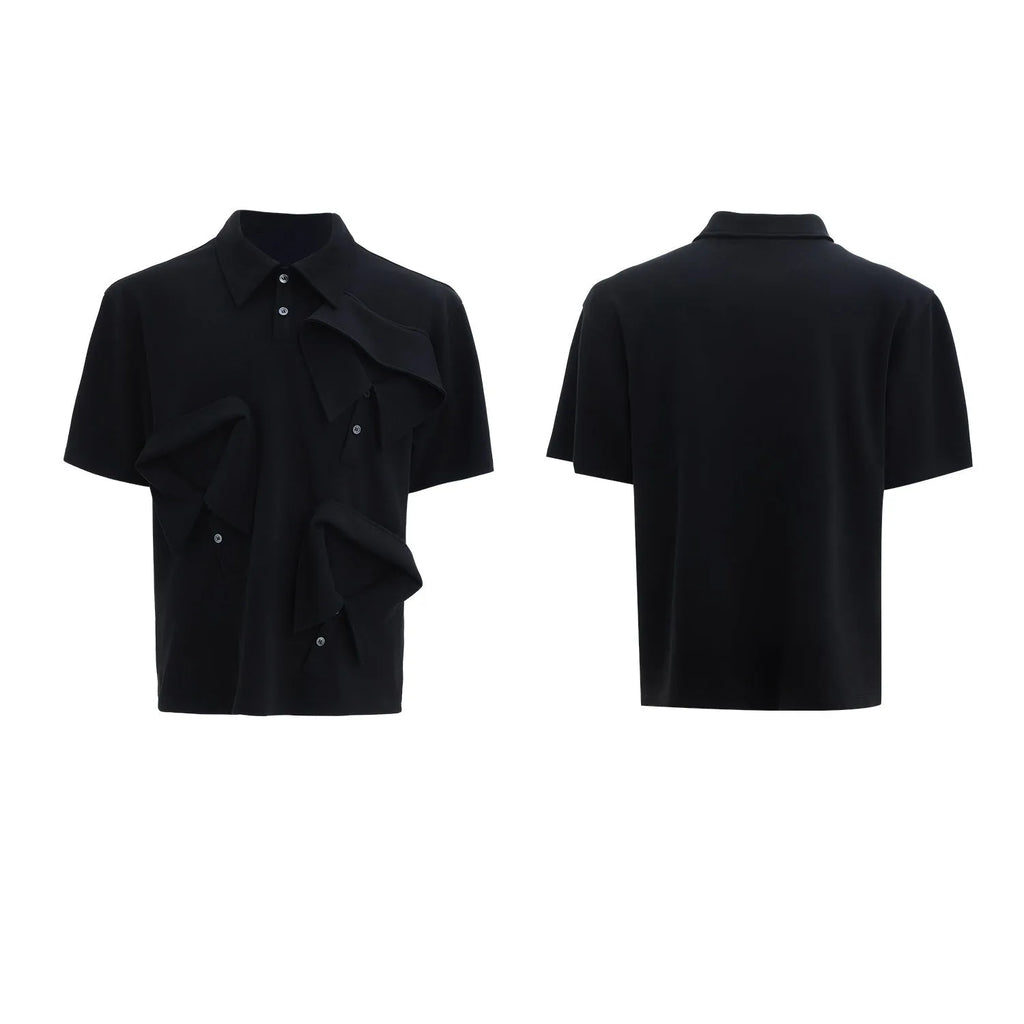 Men's loose fit short sleeve polo shirt with deconstructed multi-collar and geometric pattern in polyester.