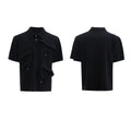 Men's loose fit short sleeve polo shirt with deconstructed multi-collar and geometric pattern in polyester.