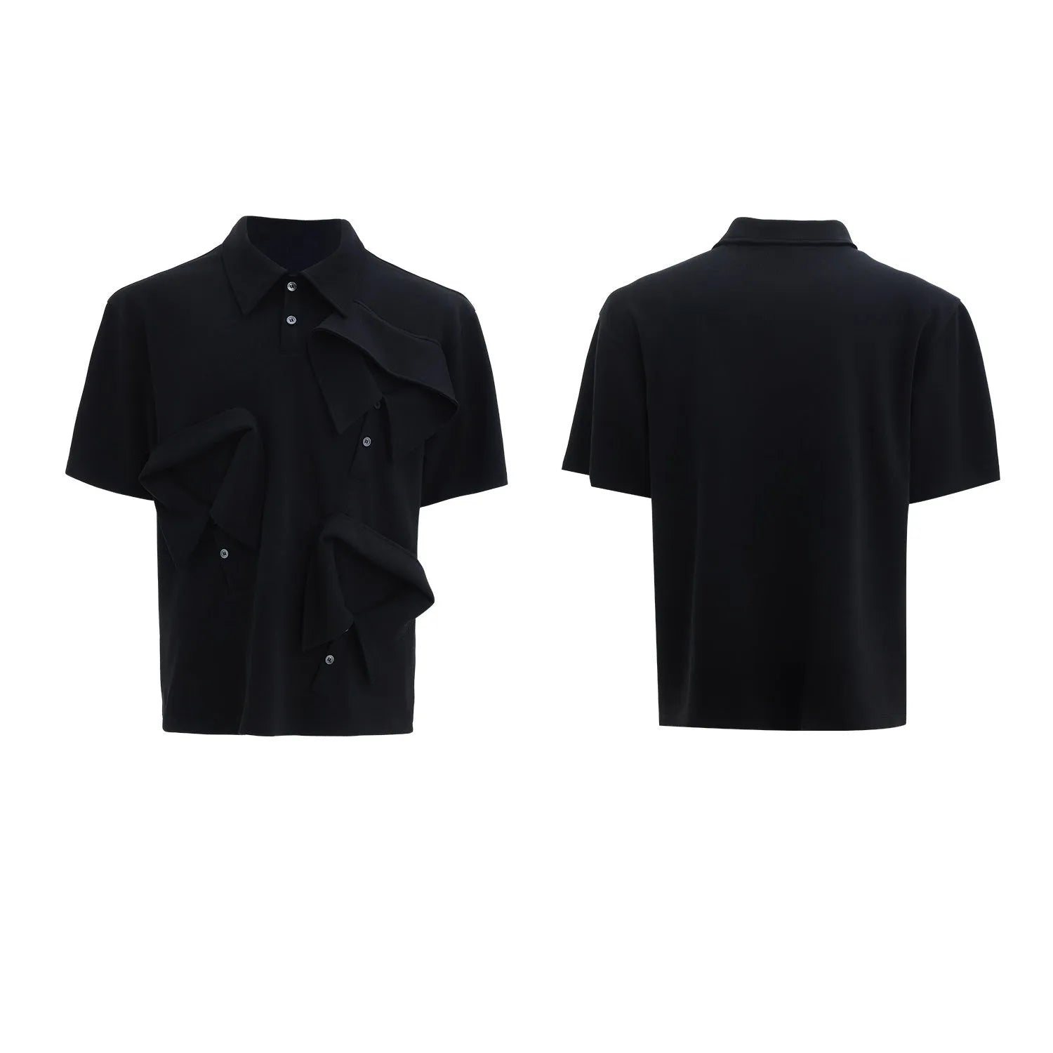 Men's loose fit short sleeve polo shirt with deconstructed multi-collar and geometric pattern in polyester.