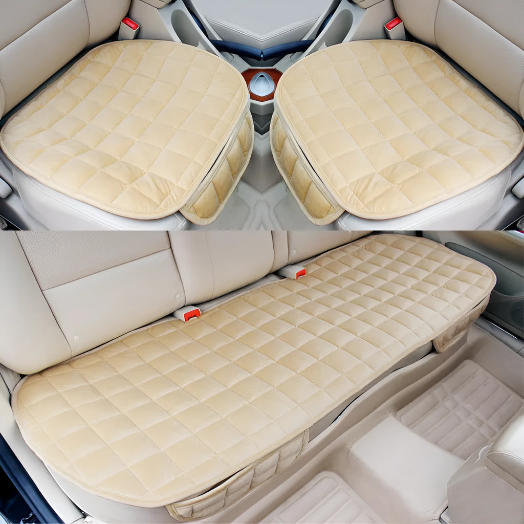 Checkered embroidered plush non-slip car seat cushion in beige with cotton fabric, three-piece set
