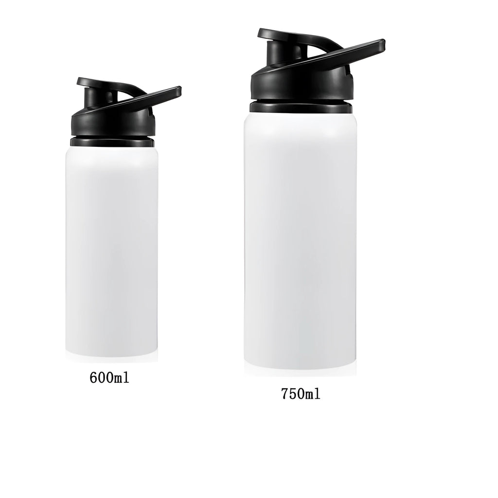 White aluminium sports water bottle shown with 600ml and 750ml capacity options