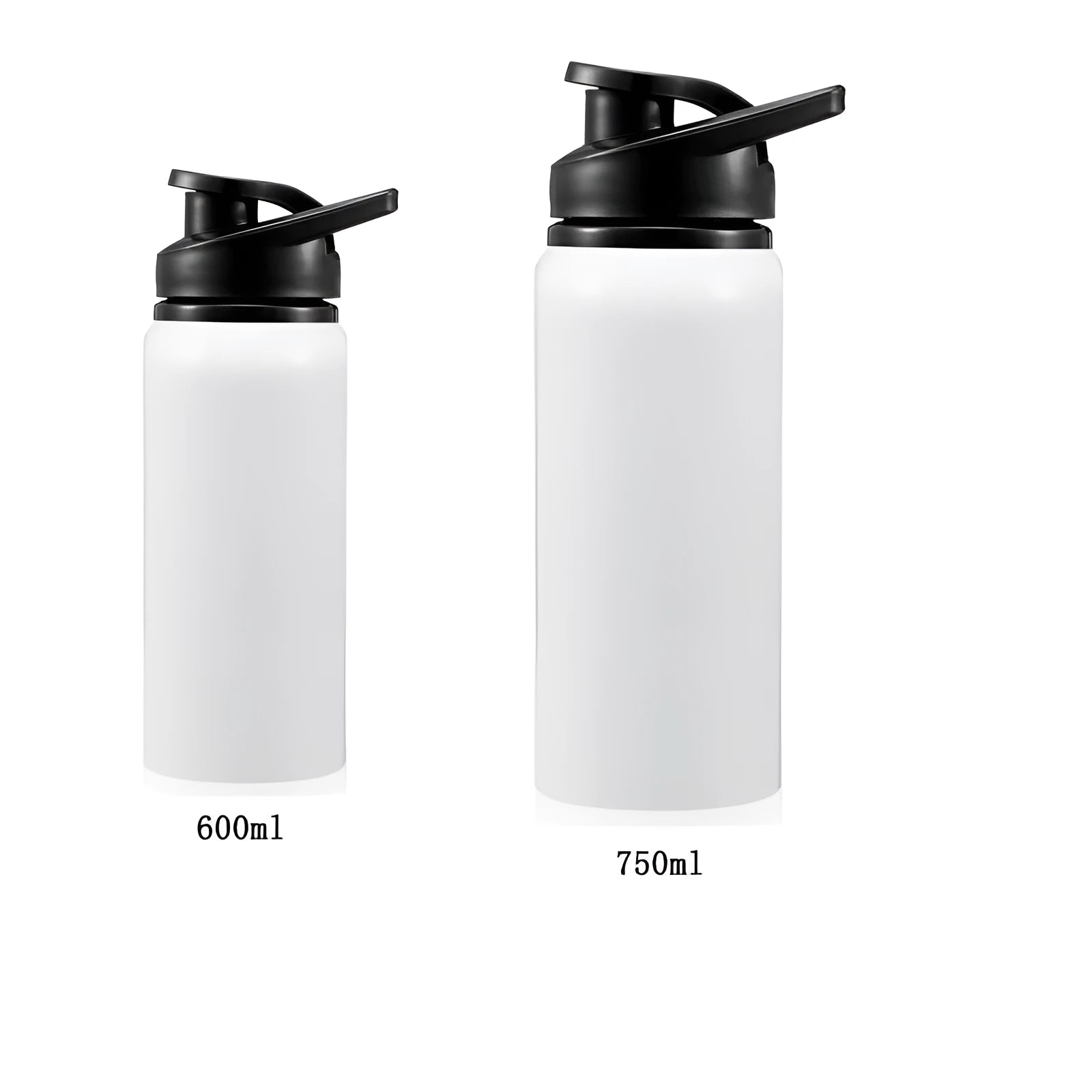 White aluminium sports water bottle shown with 600ml and 750ml capacity options
