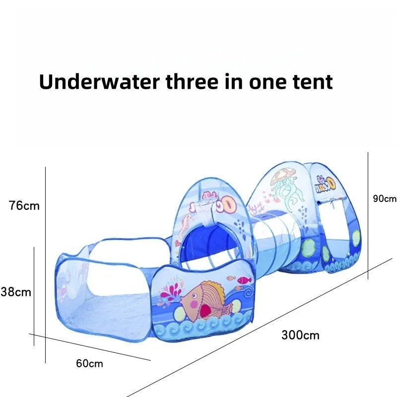 Children's three-in-one cloth play tent set with ball pool and tunnel in marine cartoon design