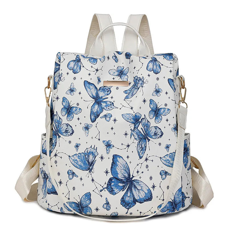 Butterfly print PU backpack on a physiological curve backplate, shown in khaki colour.