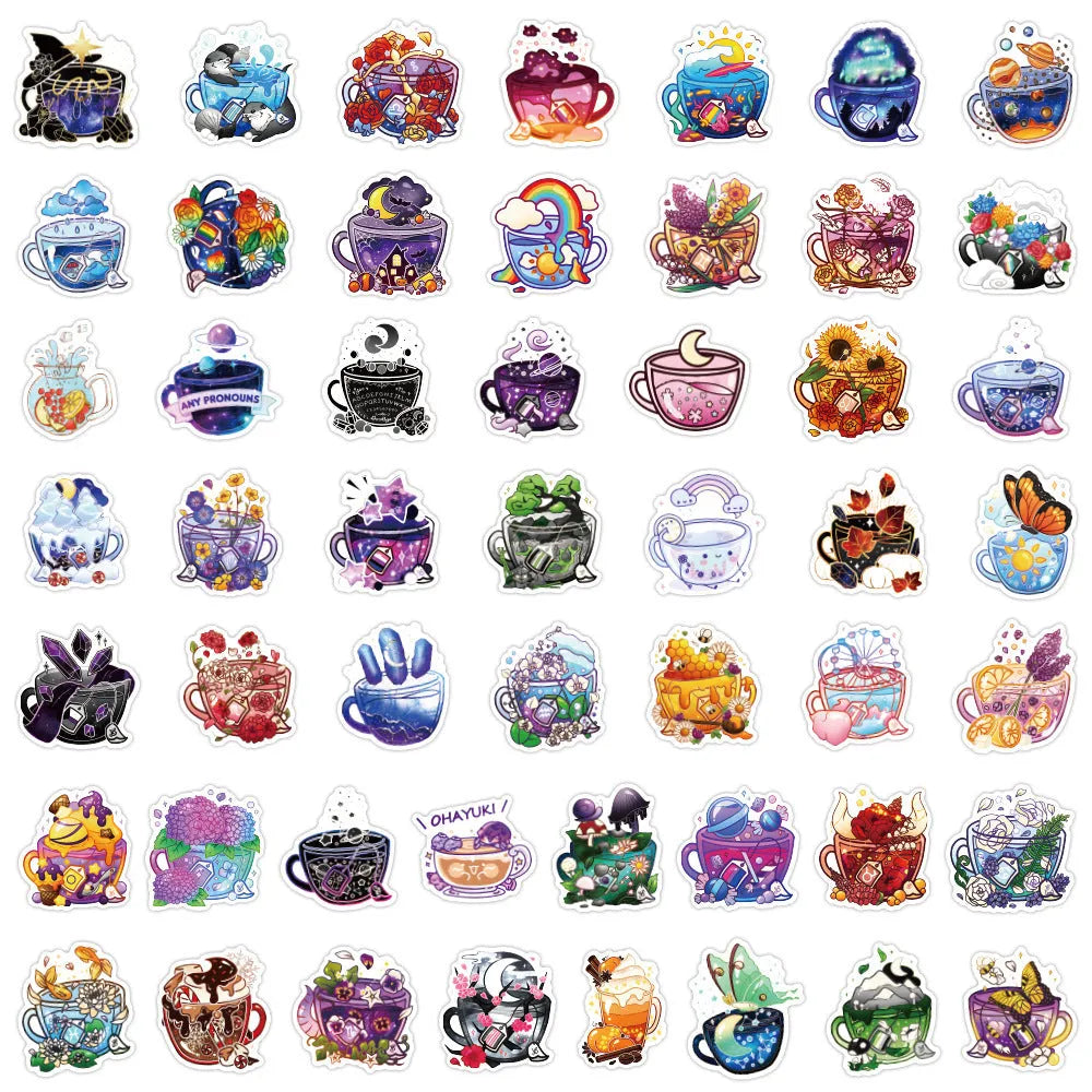 Colourful tea cup graffiti design stickers on scooter and luggage, 50 piece waterproof vinyl pack