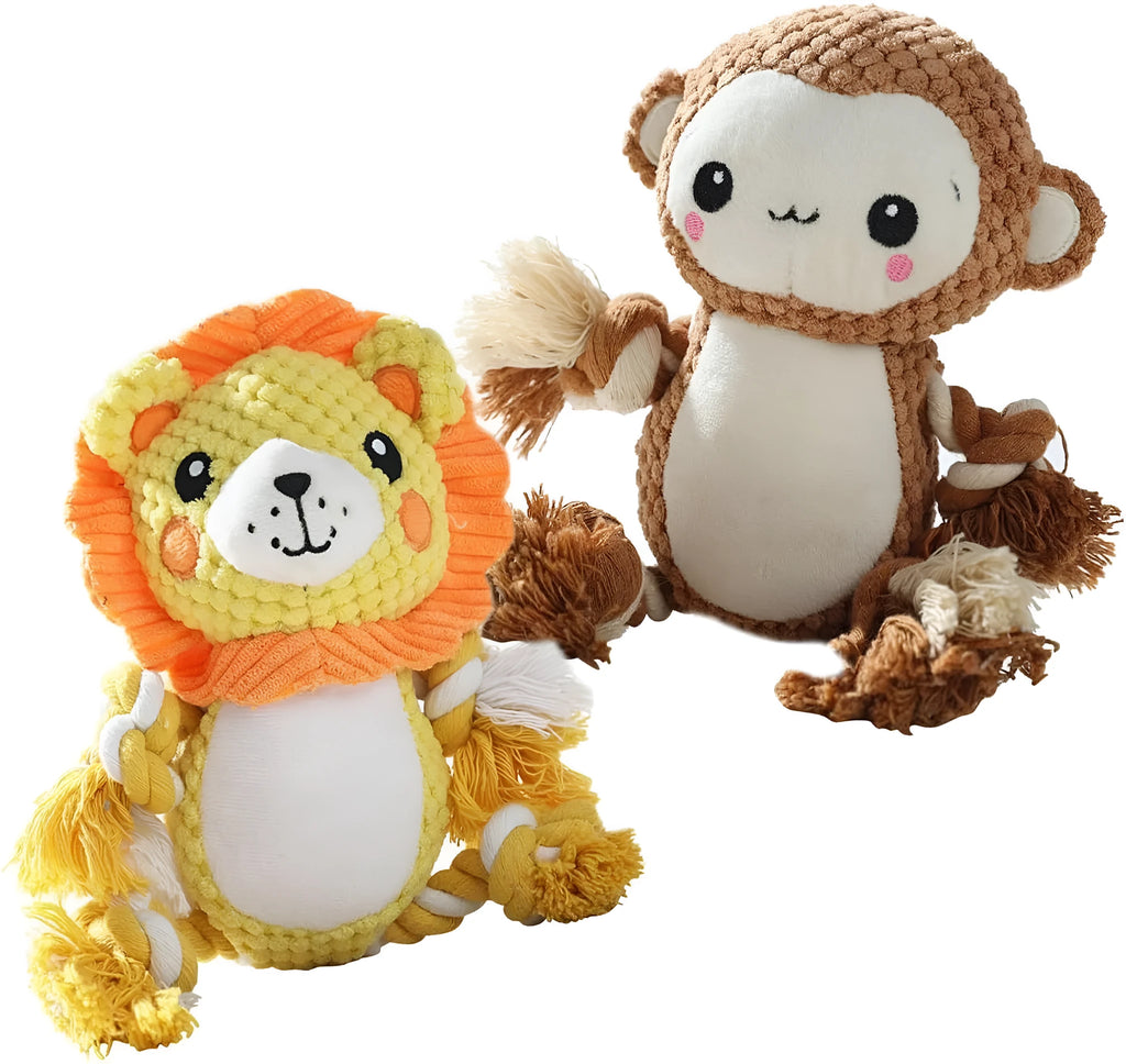 Lion and monkey soft plush squeaky dog toys bundle for medium large dogs