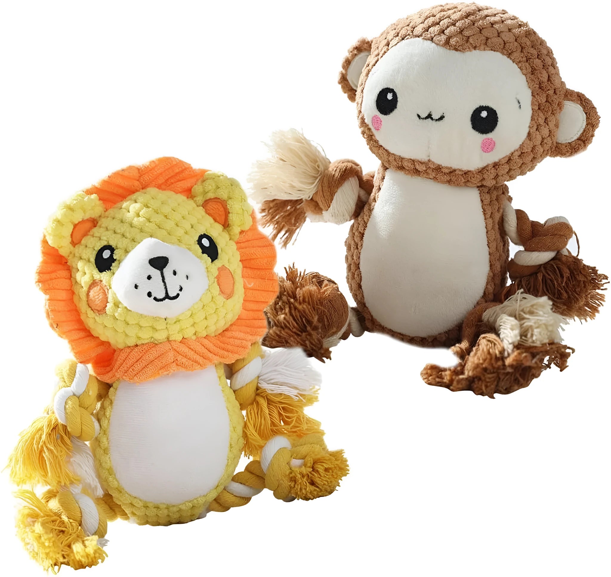 Lion and monkey soft plush squeaky dog toys bundle for medium large dogs
