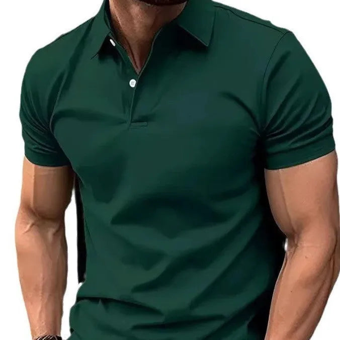Men's slim fit cotton blend short sleeve button-up shirt on a hanger, shown in a solid colour.
