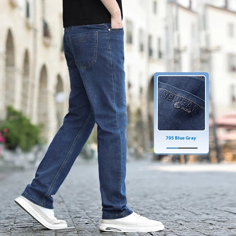 Men's Cotton Stretch Denim Casual Long Pants Straight Type Business Trousers 707 Blue Blue Gray Sizes 29-40