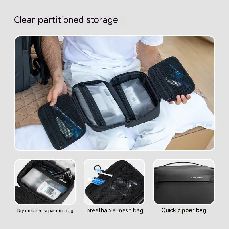 Men's portable toiletries storage bag with wet dry separation compartments in Oxford cloth