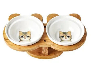Ceramic cat bowl set on wood base with two bowls, 31.8cm, Grey Cat style