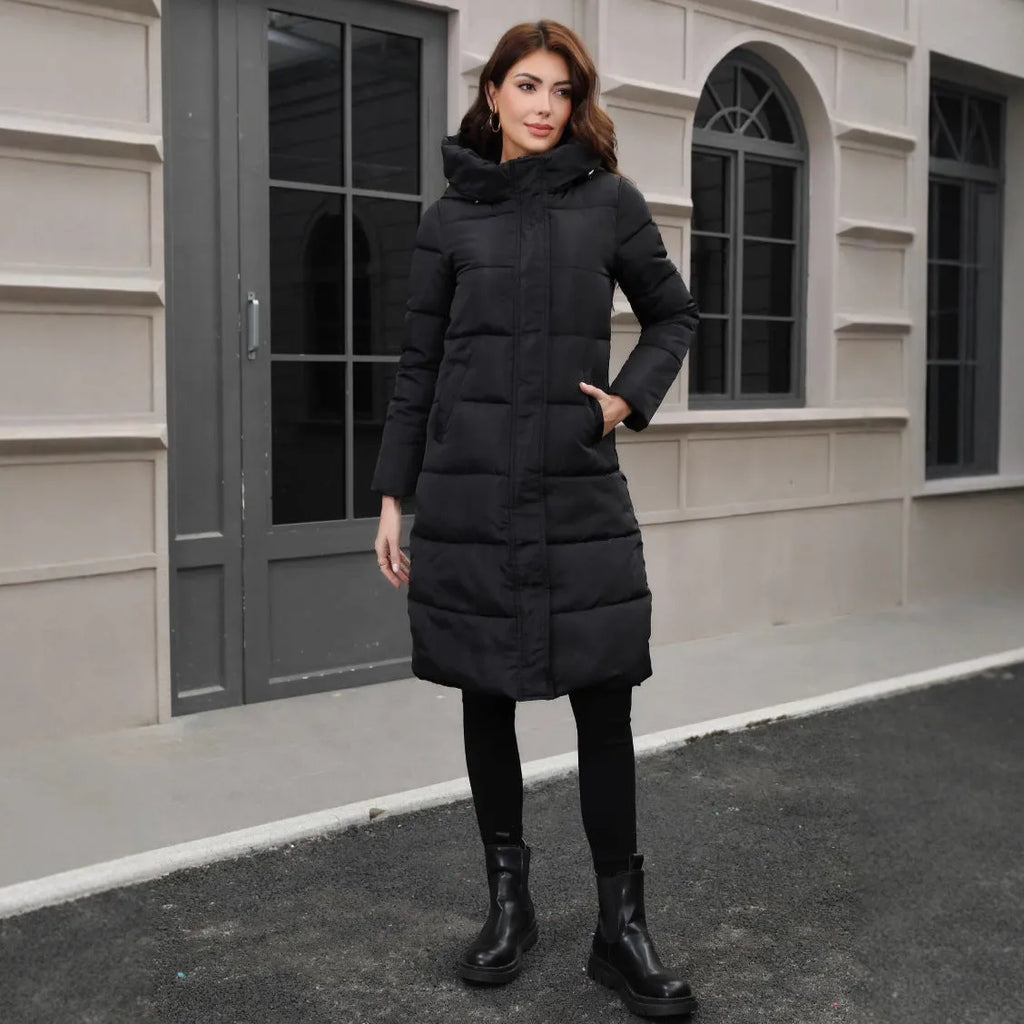 Black hooded slim fit winter jacket with long sleeves and regular fit