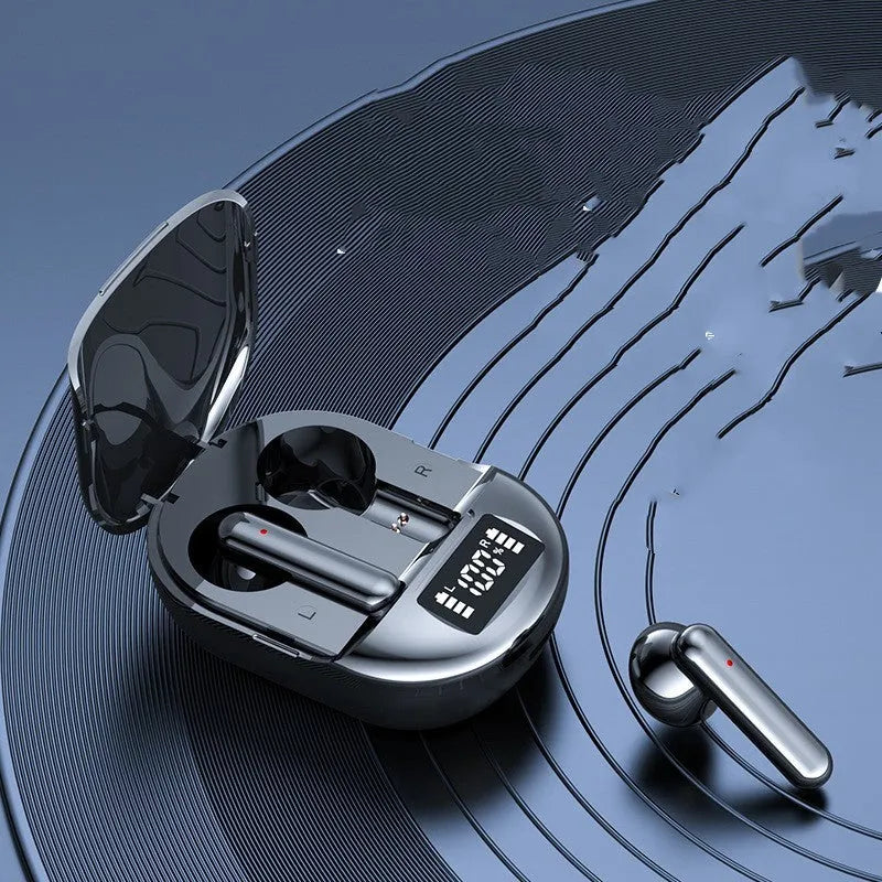 Black and white wireless Bluetooth earbuds with charging case showing digital display screen