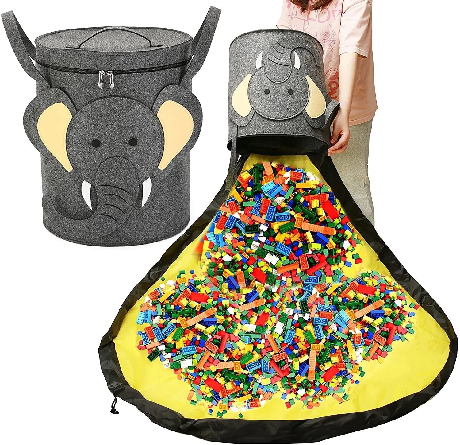 Green felt cube storage bag with pull rope closure opened as play mat