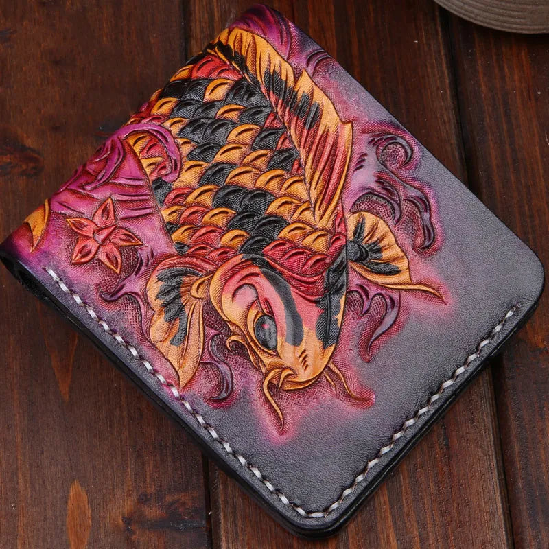 Men's carved leather short wallet in red, blue, or gold, showing open design.