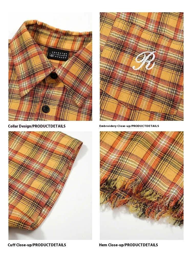 Yellow plaid short sleeve shirt with embroidered pocket detail in loose fit