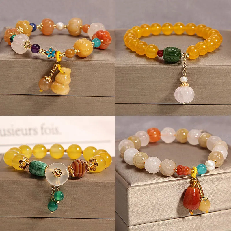 Women's yellow agate crystal bracelet with gold silk thread in khaki color