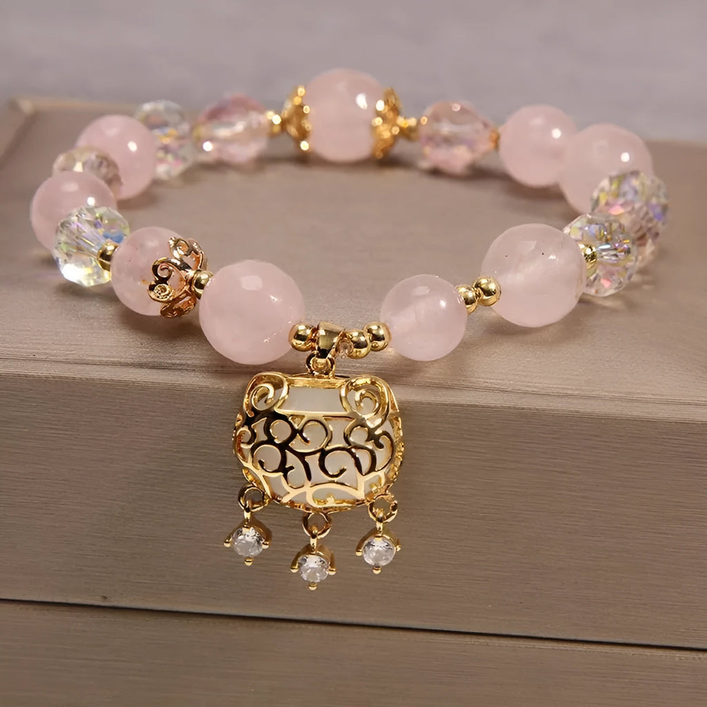Women's yellow agate crystal bracelet with gold silk thread in khaki color