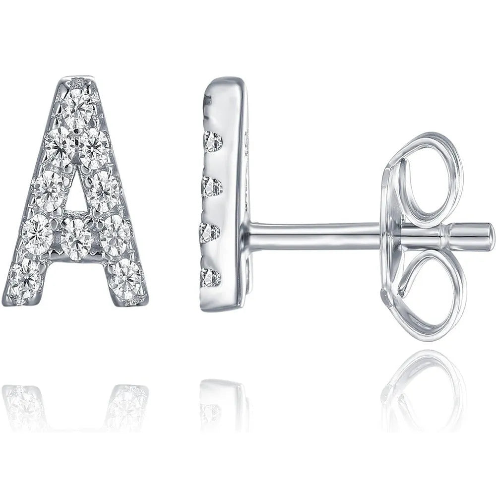 Brass gold plated alphabet letter earrings with zircon accents showing English letters A to Z options