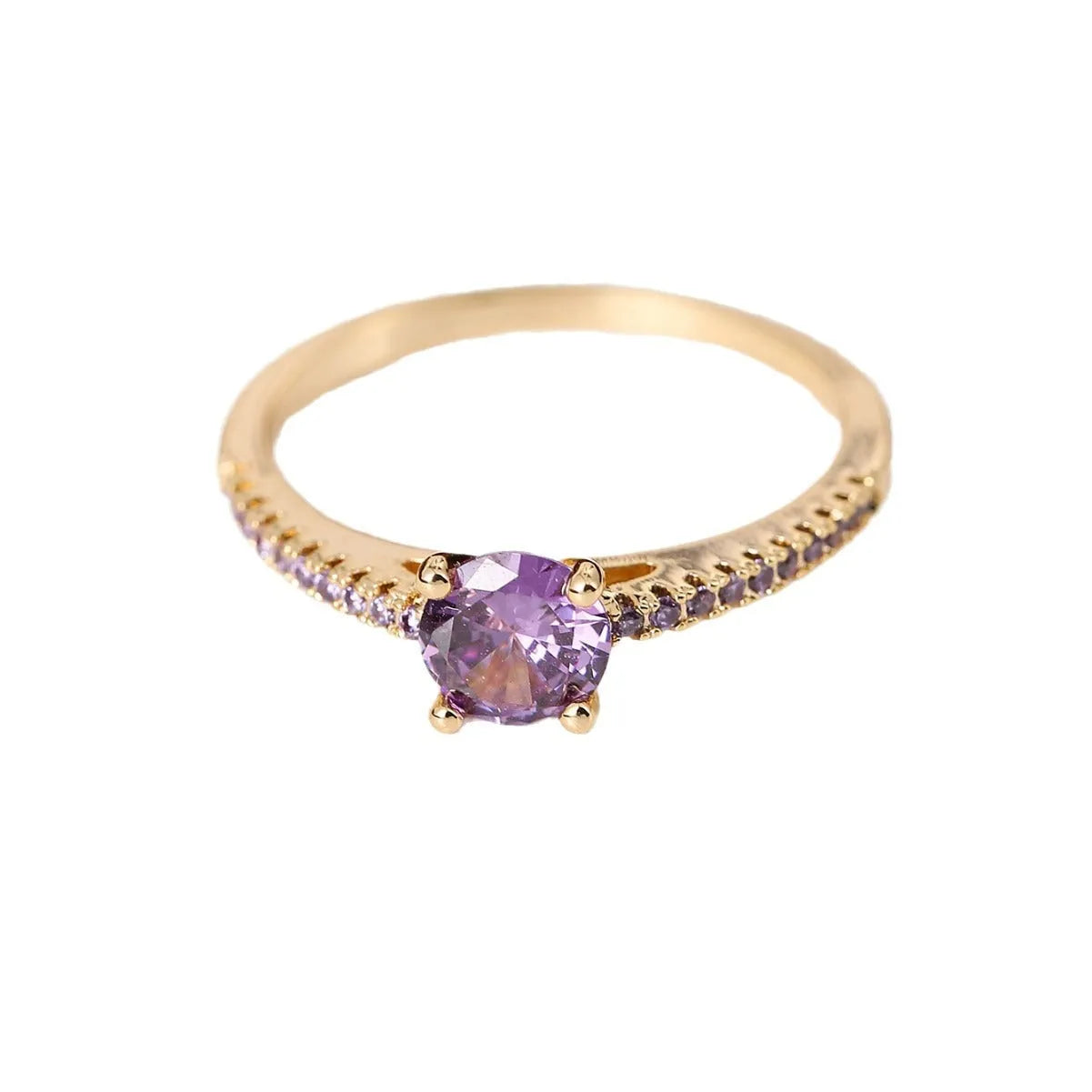 Geometric hexagon zircon ring on copper band in a gold and rose red electroplated finish.