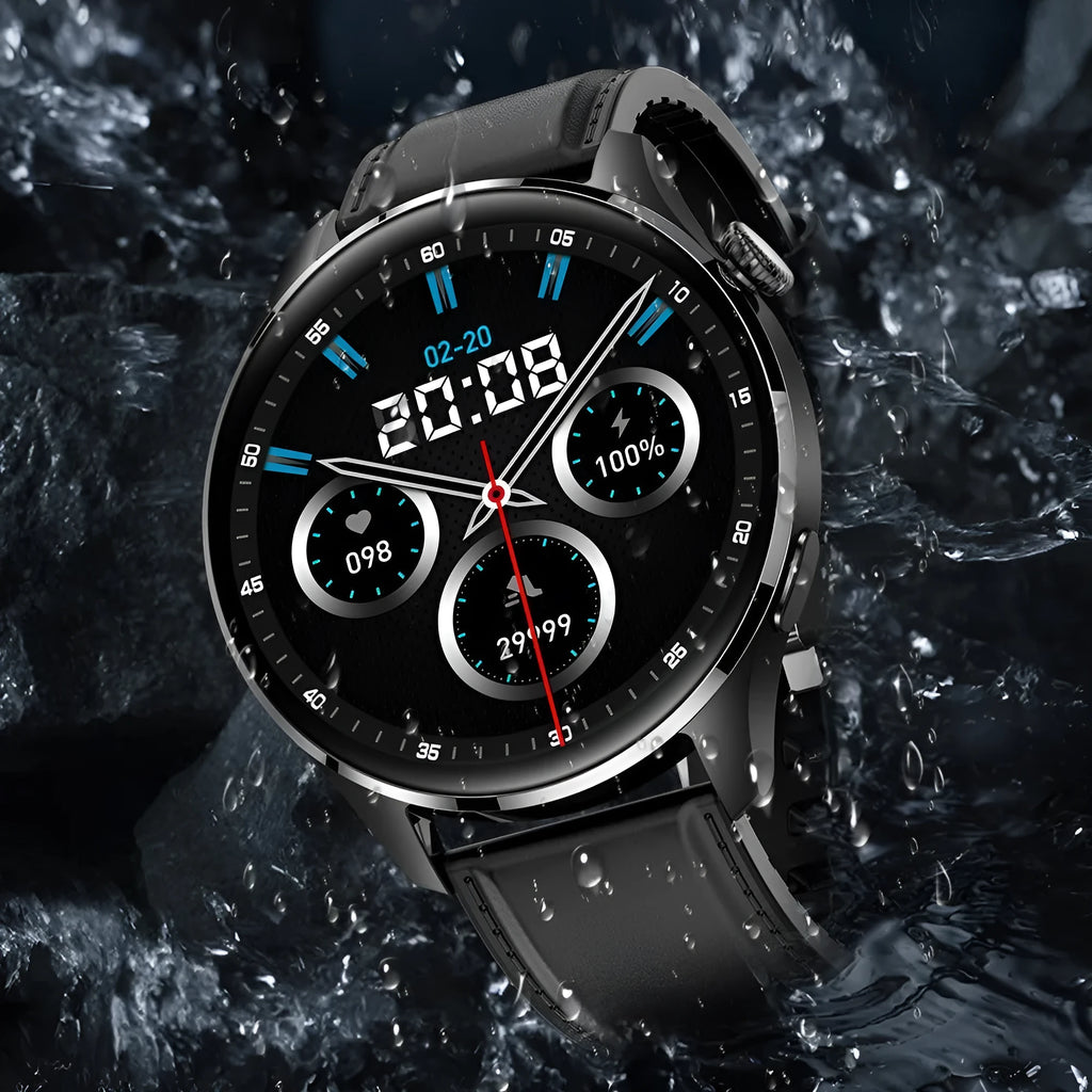 Smart watch with round touchscreen showing interface, available with silicone or steel bands in black or silver