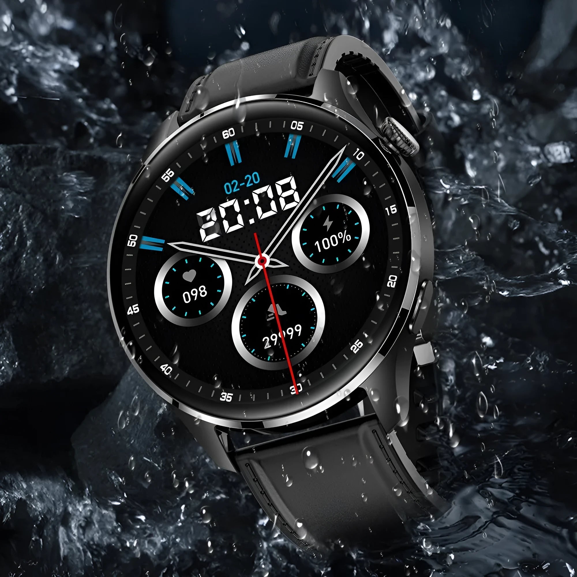 Smart watch with round touchscreen showing interface, available with silicone or steel bands in black or silver