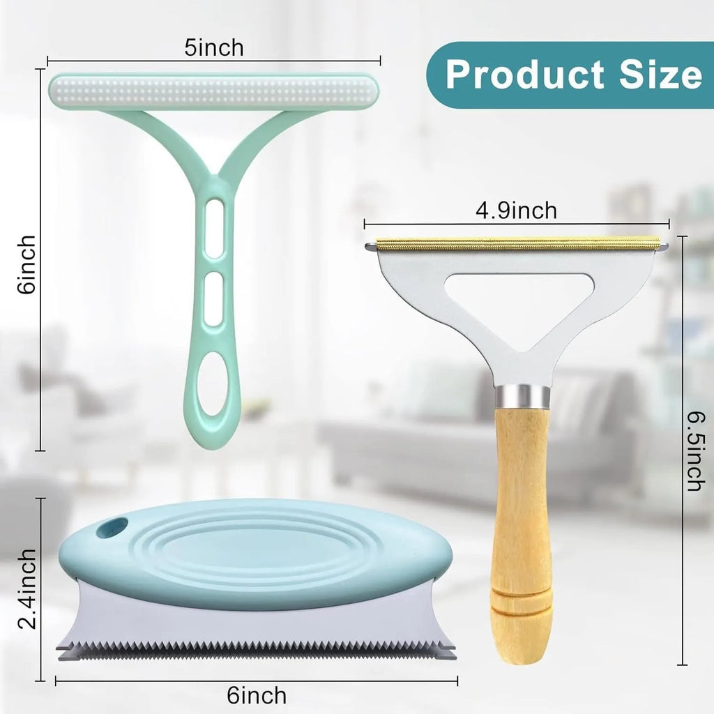 Three-piece pet hair remover set with metal, silicone, and round cleaning tools
