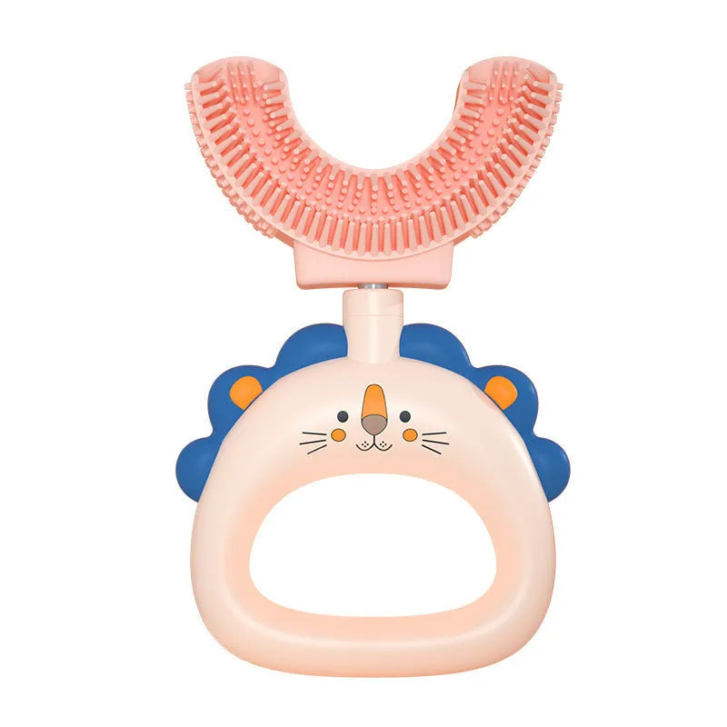 Children's U-shaped silicone toothbrush in blue or pink, little cute lion design, for ages 2-6 and 7-14, food grade silicone