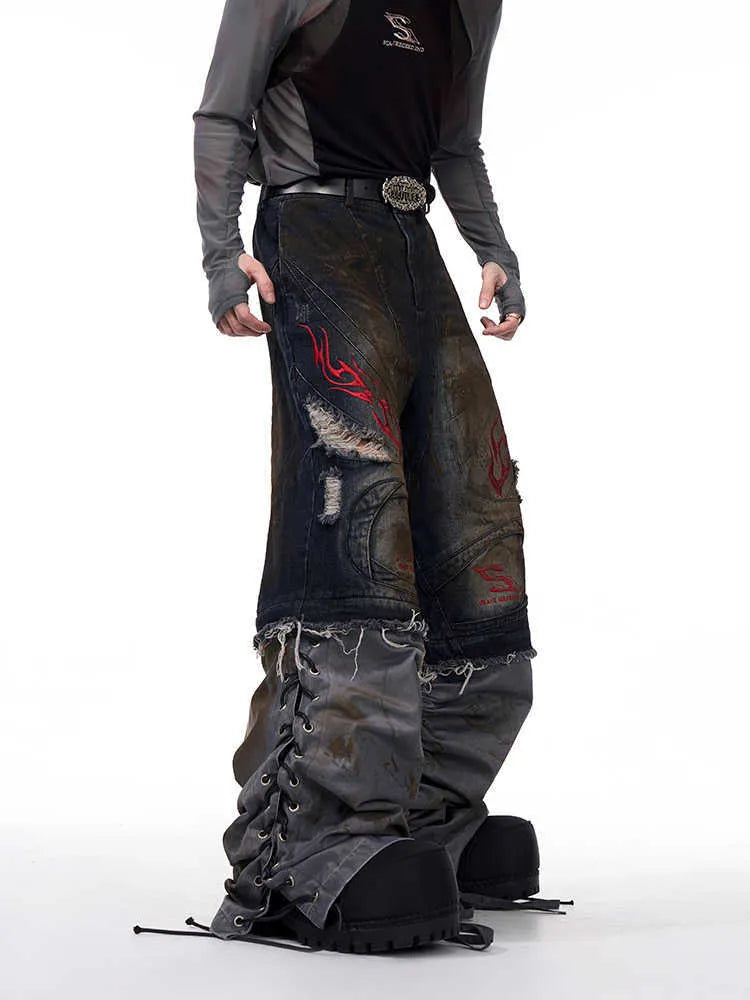 Men's retro jeans with detachable trouser legs in wide-leg denim with mid-high waist