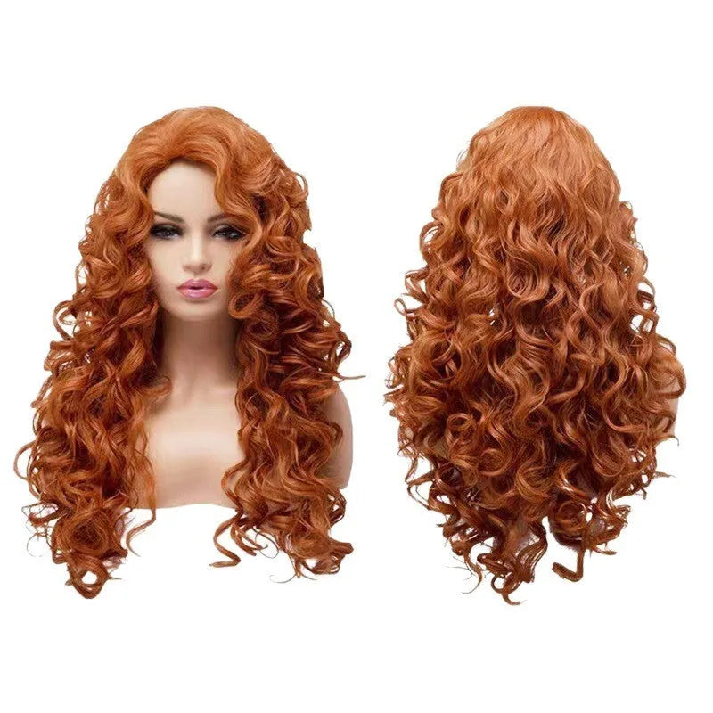 Brown and red long wavy curly wig with instant noodles fluffy texture for Halloween cosplay