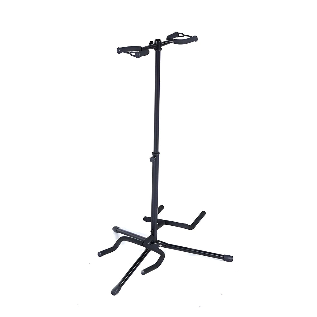 Black vertical adjustable guitar stand showing height mechanism and double-headed design