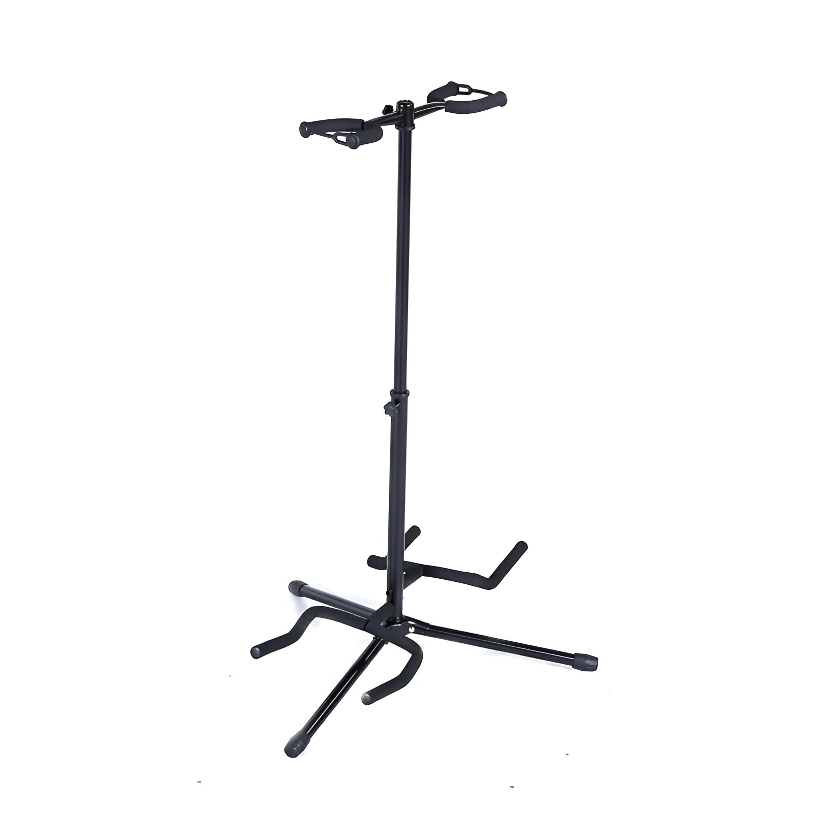 Black vertical adjustable guitar stand showing height mechanism and double-headed design