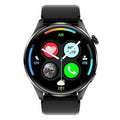 Smart watch with round touchscreen showing interface, available with silicone or steel bands in black or silver