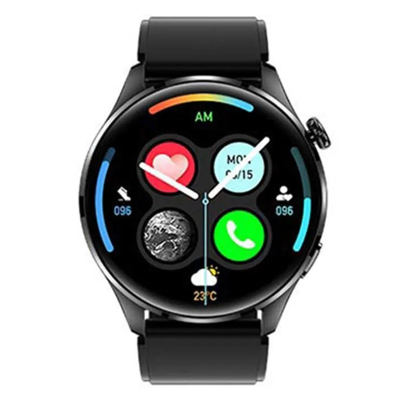 Smart watch with round touchscreen showing interface, available with silicone or steel bands in black or silver